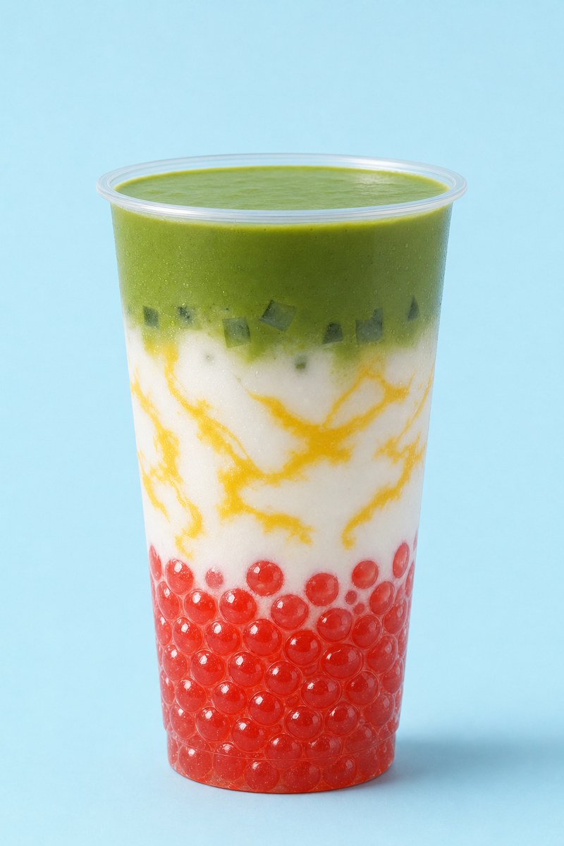 Banana Matcha Float in a tall clear cup on a pale blue background