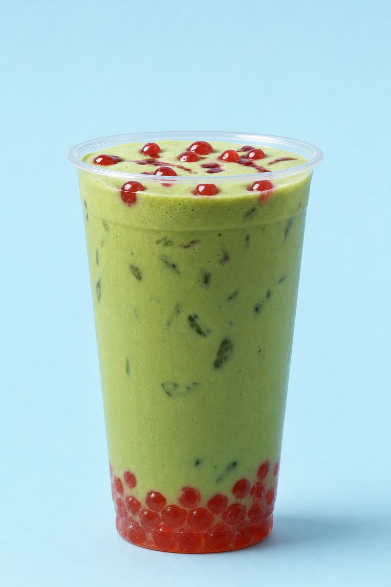 Matcha Latte in a tall clear cup on a pale blue background