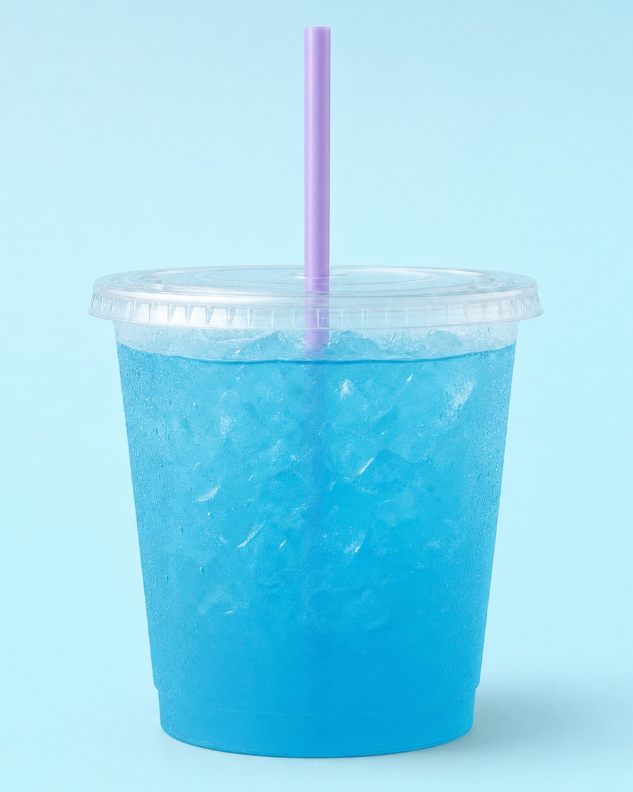 Blue Raspberry lemonade in a clear cup with a pastel straw on a pale blue background