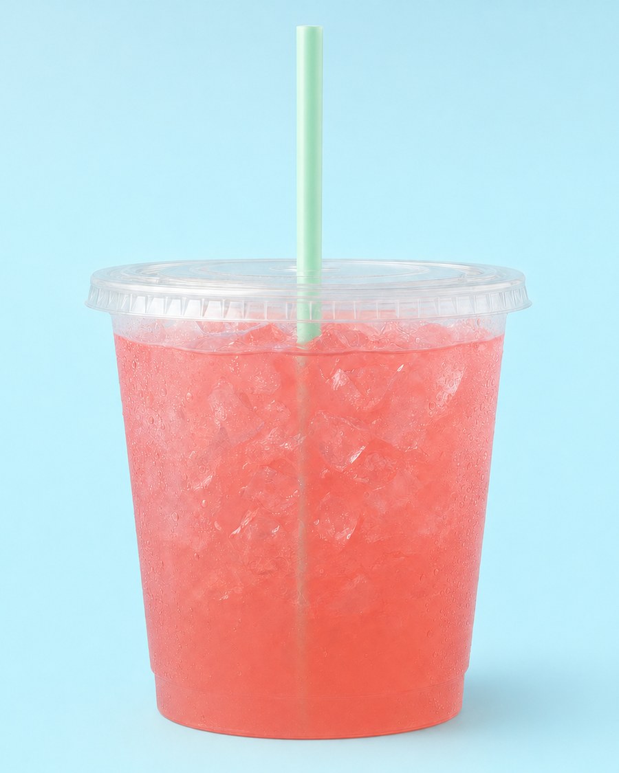 Watermelon lemonade in a clear cup with a pastel straw on a pale blue background