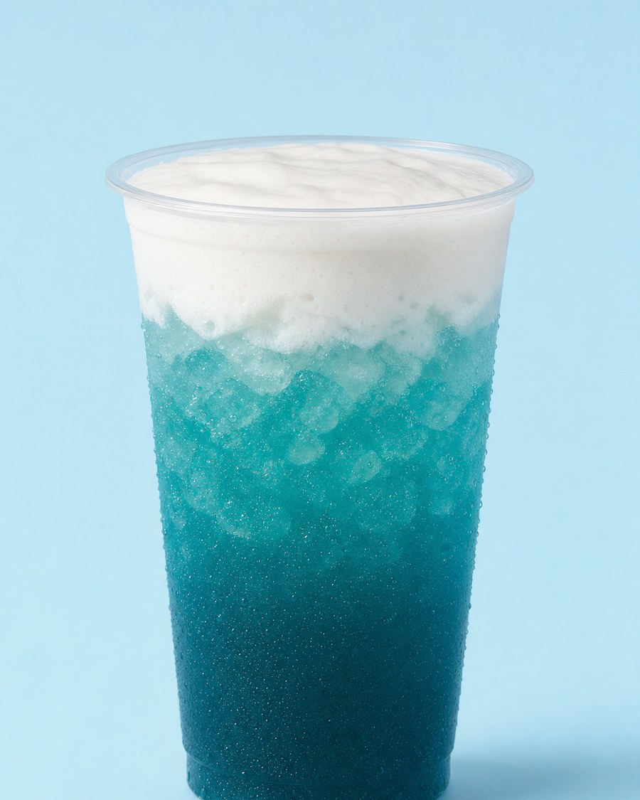 Blue Raspberry Cream dirty soda in a tall clear cup on a pale blue background