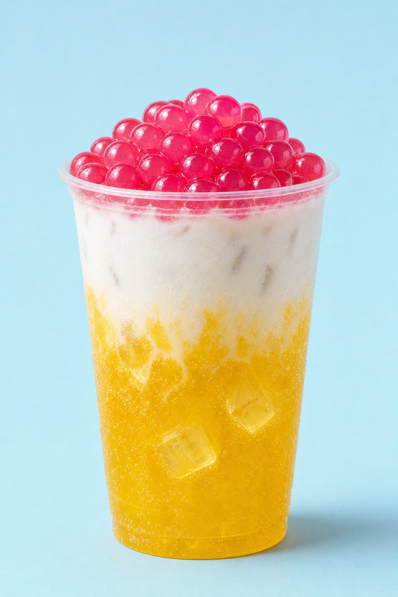 Passionfruit Cream Soda in a tall clear cup on a pale blue background