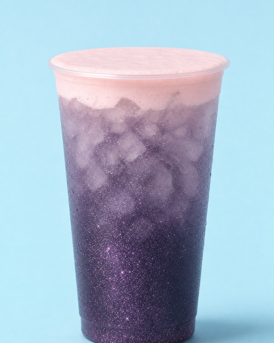 Purple Glitter dirty soda in a tall clear cup on a pale blue background
