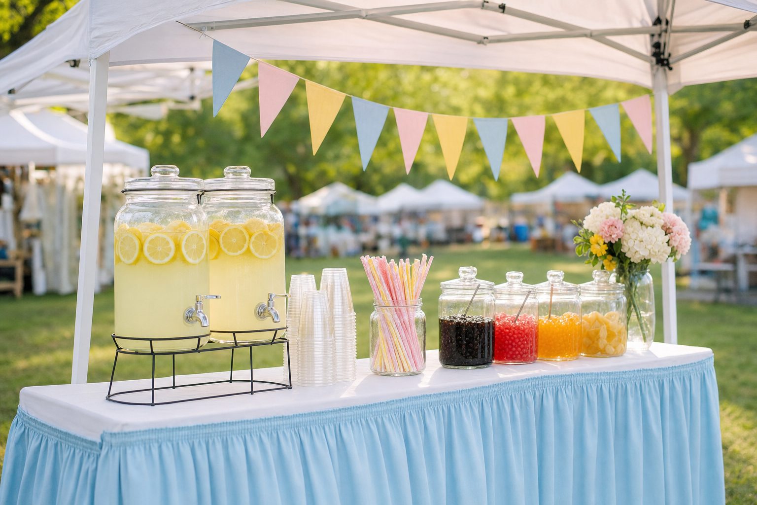 Little Sips of Heaven pop-up booth with beverage dispensers, boba jars and pastel bunting at an outdoor market